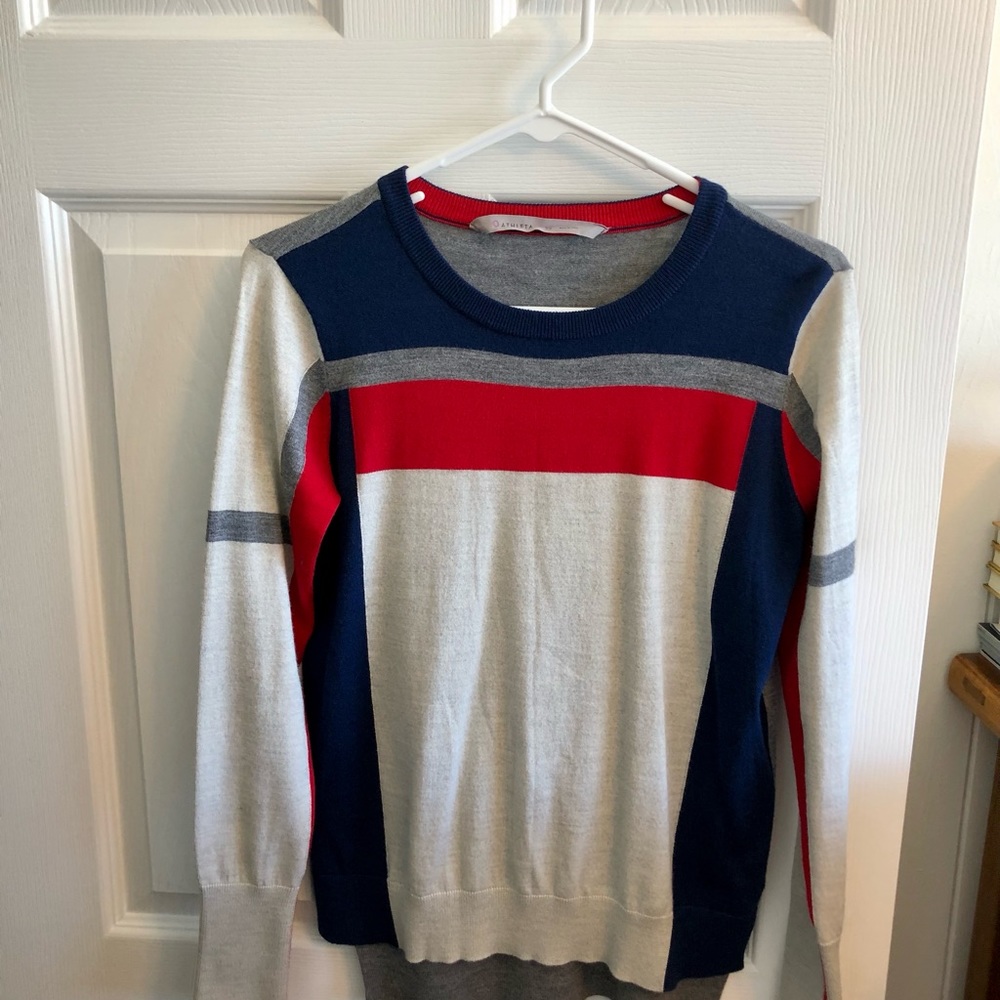 Athleta sweater size XS. long sleeve merino wool & polyester. Red, blue, gray.